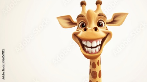 Smiling cartoon giraffe showing off its clean teeth, vector illustration, photo