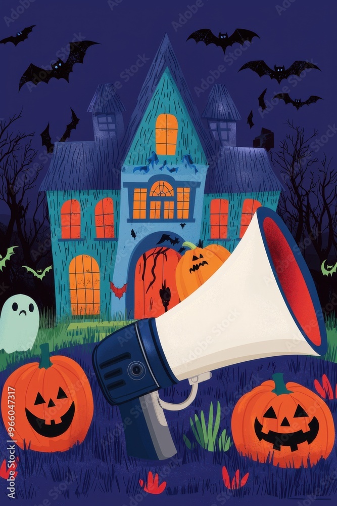 Fototapeta premium Colorful Halloween scene featuring a haunted house, pumpkins, bats, and a megaphone, perfect for festive invitations and decorations.