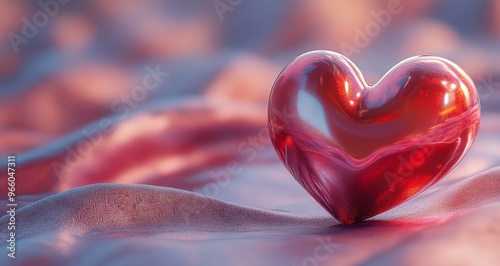 A glossy red heart sits on soft fabric, bathed in warm light in a romantic se...