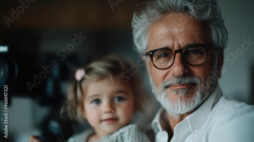 An older man with glasses sits with a young child on his lap. The man has a gentle smile, while the child looks slightly off-camera, showcasing a warm family moment.