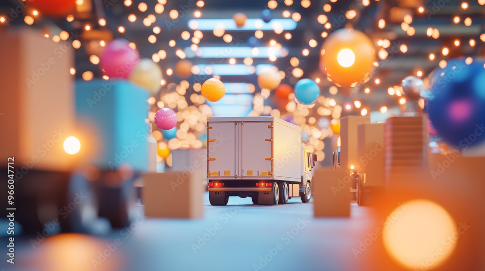 Fototapeta premium A vibrant logistics center filled with colorful lights and packages creates festive atmosphere. scene captures essence of Diwali, showcasing trucks and bright decorations