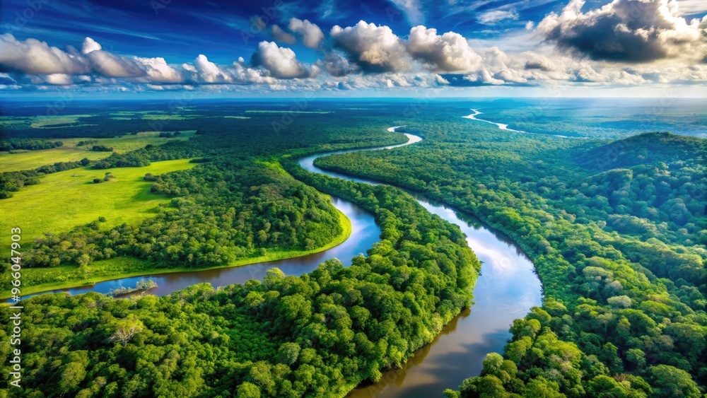 Aerial View Of The Orinoco River Winding Through A Lush Green Rainforest On A Detailed Map, Highlighting Its Extensive Network And The Vastness Of The Amazon Basin. Aerial View Of The Orinoco River Winding Through A Lush Green Rainforest On A Detailed Map, Highlighting Its Extensive Network And The Vastness Of The Amazon Basin.