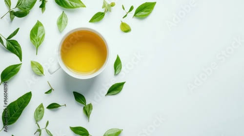 Wallpaper Mural Cup tea and green leaves on white background. copy space. Torontodigital.ca