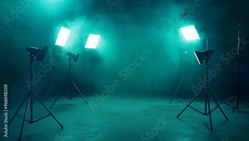 Illuminated studio environment with bright lights creating a foggy atmosphere...