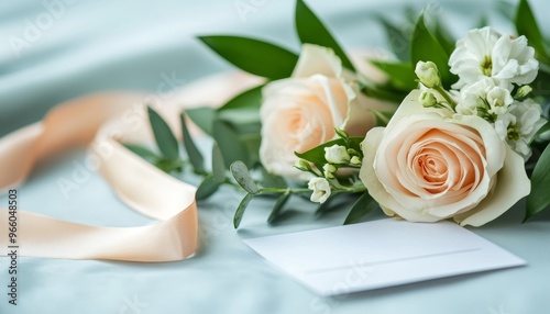 A bouquet of soft peach roses and white flowers on a light fabric background, accompanied by a blank card and ribbon.