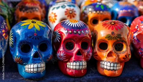 Celebrating Mexican Tradition Colorful Day of the Dead Skulls. Mexican colorful skulls. Mexican ceramic pottery Day of the Dead (Dia de los Muertos) skulls