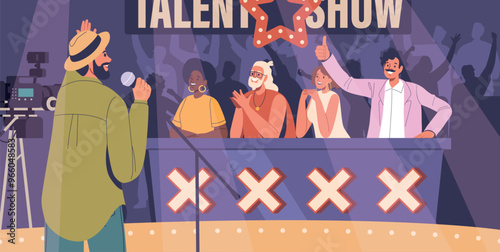 Vibrant Talent Show Scene Featuring A Performer Singing On Stage In Front Of A Panel Of Excited Judges