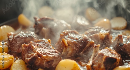 Sizzling meat and herbs cooking in a pan with fragrant steam rising in a cozy...