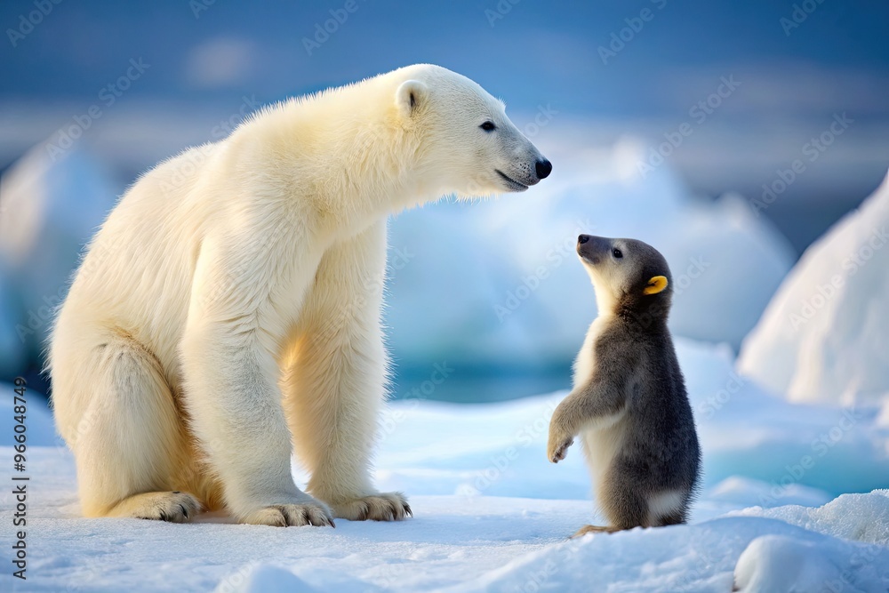 Fototapeta premium An Adorable Polar Bear Cub Playfully Interacts With A Curious Penguin Amidst A Serene Snowy Landscape, Showcasing Their Unlikely Camaraderie And The Harmony Of Contrasting Species.