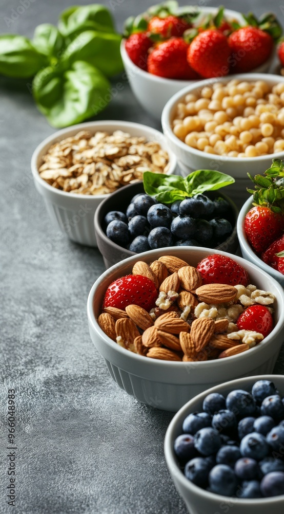 Fresh fruits, nuts, and grains arranged in bowls on a textured surface for a healthy meal prep Fresh fruits, nuts, and grains arranged in bowls on a textured surface for a healthy meal prep