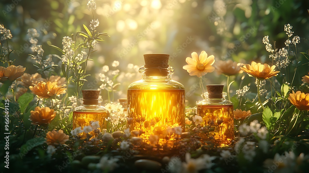 50. A vibrant, nature-inspired scene of health and wellness, with healing herbs, homeopathic drops, and essential oils softly glowing in natural light 50. A vibrant, nature-inspired scene of health and wellness, with healing herbs, homeopathic drops, and essential oils softly glowing in natural light