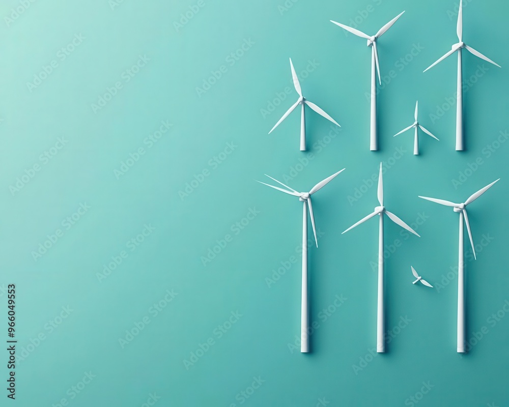 Aerial view of wind turbines on a coastline, seagulls flying over the ocean, clean energy integration