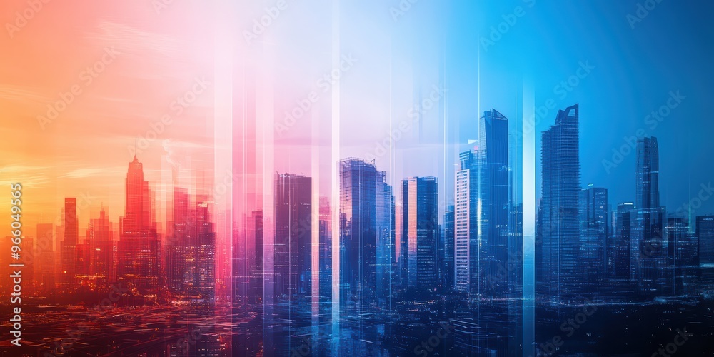 Vibrant city skyline at sunset, showcasing colorful lights and modern architecture, perfect for urban themes and designs. Vibrant city skyline at sunset, showcasing colorful lights and modern architecture, perfect for urban themes and designs.