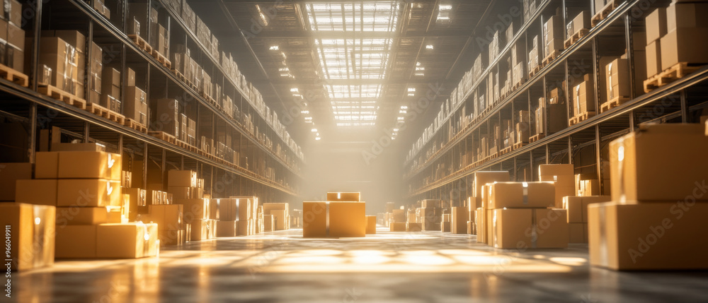A spacious shipping warehouse filled with stacked cardboard boxes, illuminated by soft, eerie light. atmosphere evokes sense of mystery and anticipation A spacious shipping warehouse filled with stacked cardboard boxes, illuminated by soft, eerie light. atmosphere evokes sense of mystery and anticipation