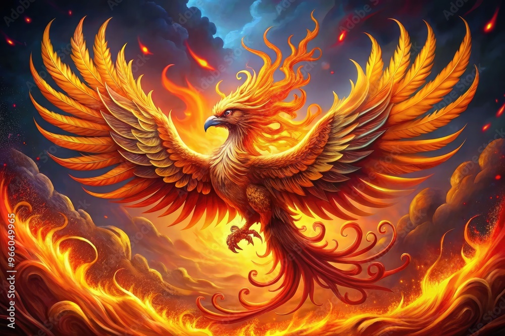 Obraz premium An Illustration Of A Mythical Fiery Phoenix Bird With Outspread Wings, Depicted In Intricate Detail With Flowing Lines And Vibrant Hues.