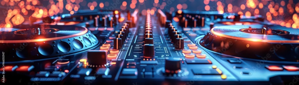 Close-up of a vibrant DJ mixer and turntable setup under colorful lights, highlighting the excitement of live music and nightlife. Close-up of a vibrant DJ mixer and turntable setup under colorful lights, highlighting the excitement of live music and nightlife.