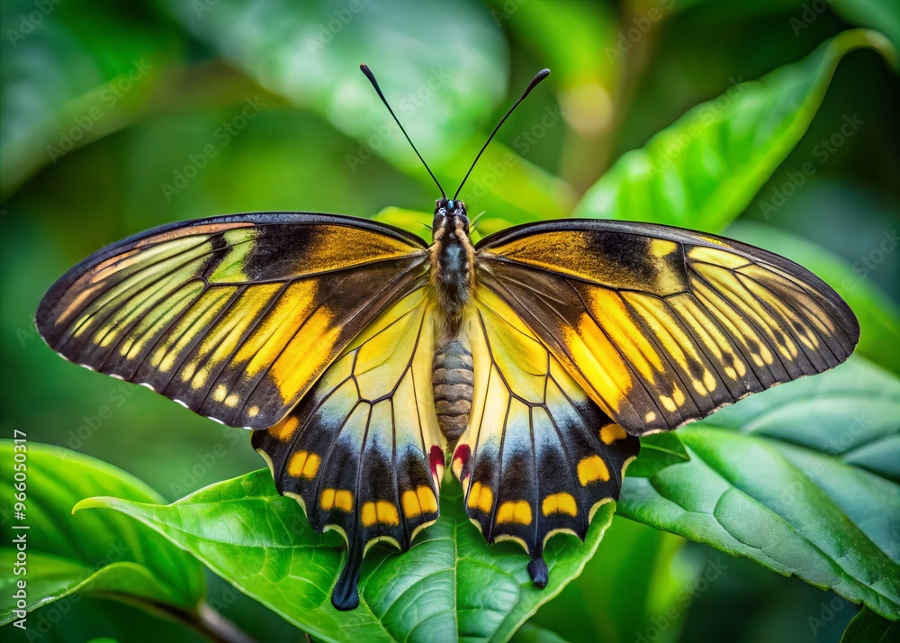 A delicate yellow and black butterfly perches on a soft green leaf, its intricate wings spread wide, showcasing A delicate yellow and black butterfly perches on a soft green leaf, its intricate wings spread wide, showcasing