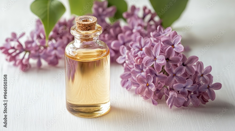 Lilac flower essential oil bottle on white background. Lilac flower essential oil bottle on white background.