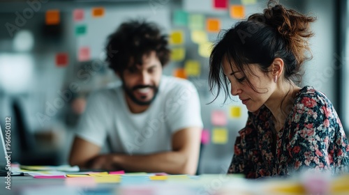 A man and a woman deeply engaged in a brainstorming session at a desk filled with colorful sticky notes and papers, reflecting a dynamic and innovative work atmosphere. photo