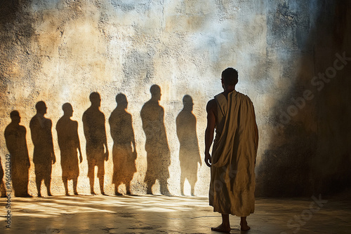 a dramatic reenactment of Plato’s Allegory of the Cave, with shadows and light illustrating the prisoners and the cave’s shadows photo