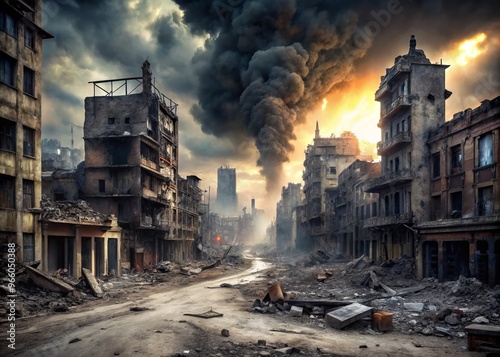 A desolate, war-torn cityscape with crumbling buildings, shattered windows, and debris-filled streets, set against a