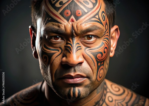 An Intricate Maori Facial Tattoo, Representing Cultural Identity And Ancestral Traditions, Adorns A Face Against A Plain Background photo