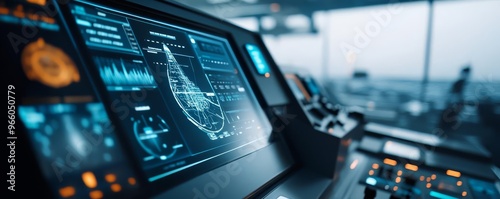Digital oceanic navigation, AI-driven ship, high-tech control room, stormy sea