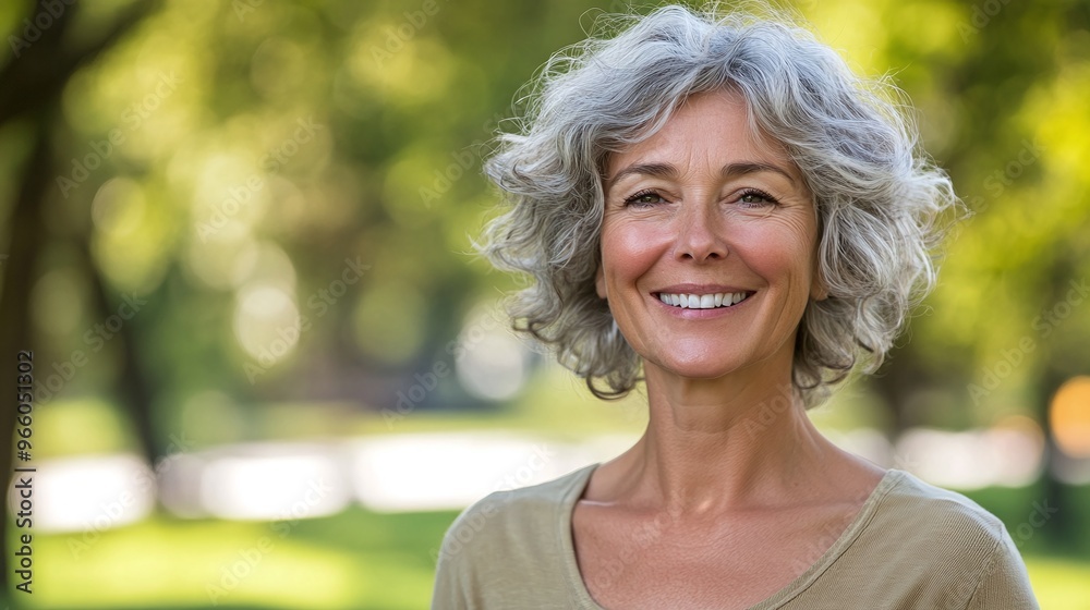 happy mature woman smiling outdoors with a green park background showing peaceful contentment and joy in nature under bright sunlight happy mature woman smiling outdoors with a green park background showing peaceful contentment and joy in nature under bright sunlight