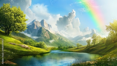 Beautiful Grassland with Randbow Nature Landscape