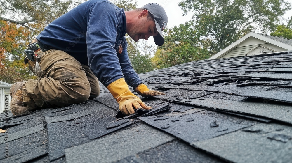Experienced roofer nimbly replacing damaged shingles, their safety-conscious approach and extensive roofing knowledge on display Experienced roofer nimbly replacing damaged shingles, their safety-conscious approach and extensive roofing knowledge on display