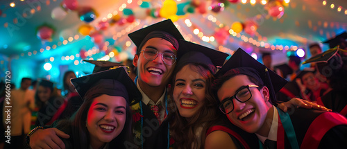 Joyful Graduation Celebration: Students Embrace Achievement Among University Decorations at Themed Party