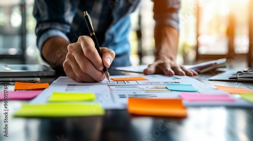 Businessman analyzing data with pen and sticky notes