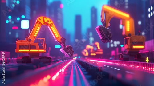 Digital road construction, AI machines, futuristic tools, neon lights, urban setting
