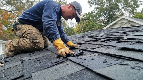 Experienced roofer nimbly replacing damaged shingles, their safety-conscious approach and extensive roofing knowledge on display