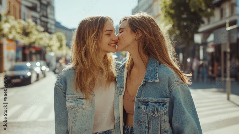 portrait of two young women walking and kissing portrait of two young women walking and kissing