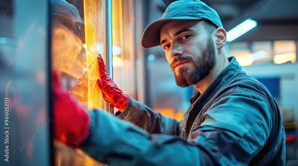 Dedicated window tinting specialist carefully applying a reflective film to reduce glare and improve energy efficiency Dedicated window tinting specialist carefully applying a reflective film to reduce glare and improve energy efficiency
