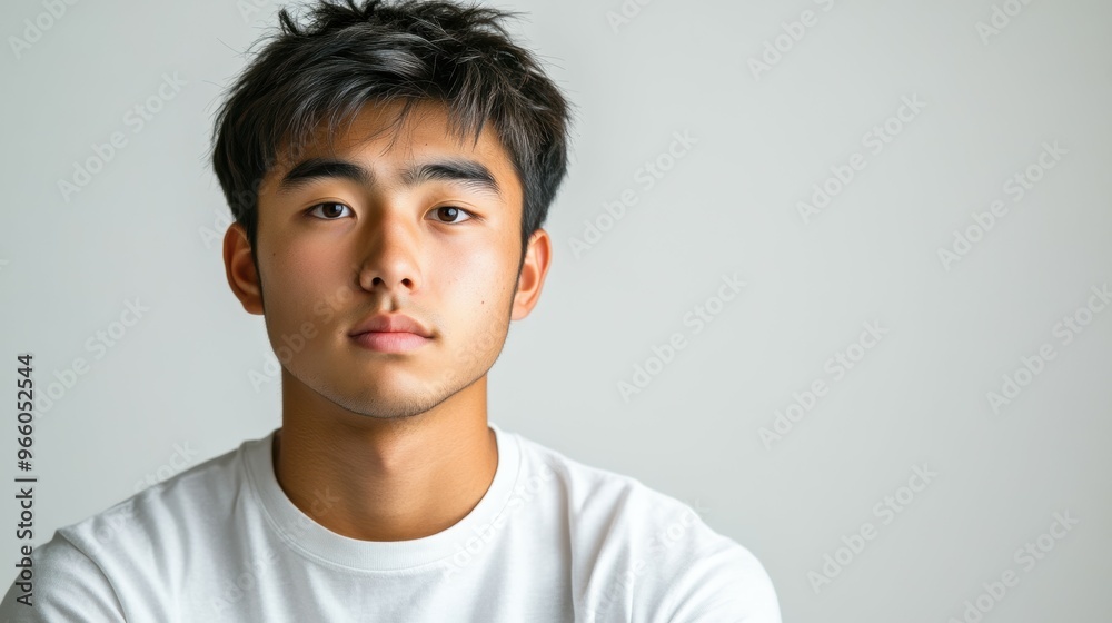 Intense Concentration: Asian Student in Thoughtful Contemplation on White Background Intense Concentration: Asian Student in Thoughtful Contemplation on White Background