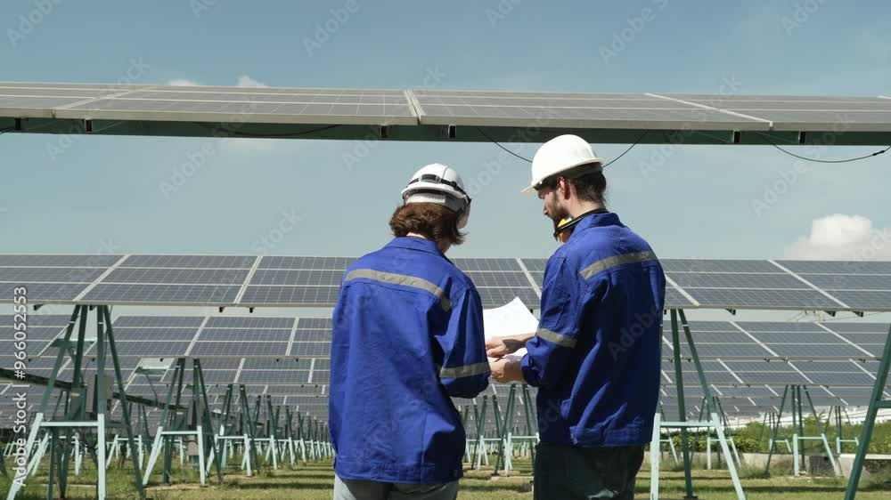 Blue collar workers are working at solar power plant. Technology and environment. Blue collar workers are working at solar power plant. Technology and environment.