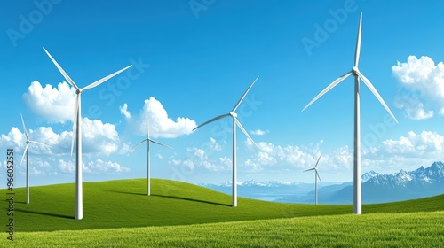 A serene landscape featuring wind turbines against a blue sky and green hills, symbolizing sustainable energy and nature's beauty. photo