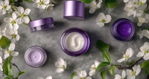 Four skincare jars surrounded by fresh flowers on a textured surface in natur...