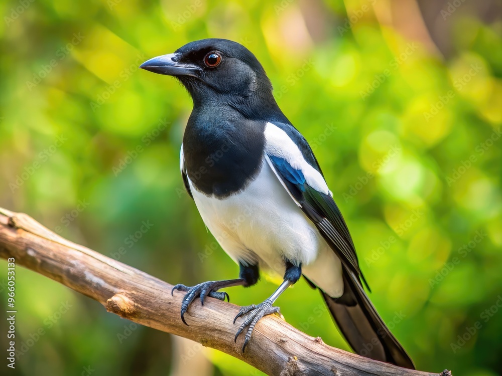 Black-And-White Magpie Bird Perching On A Tree Branch Against A Natural Backdrop Black-And-White Magpie Bird Perching On A Tree Branch Against A Natural Backdrop