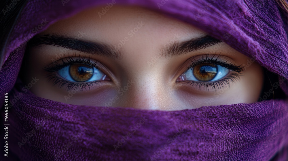 Close-up of the hazel eyes of a girl with her face wrapped in a violet scarf generative ai Close-up of the hazel eyes of a girl with her face wrapped in a violet scarf generative ai