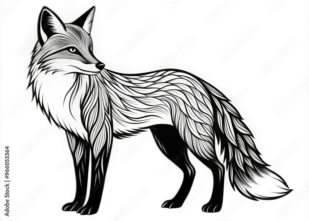 Obraz premium Black Outline Drawing Of A Fox Facing Left With A White Fill And A Transparent Background