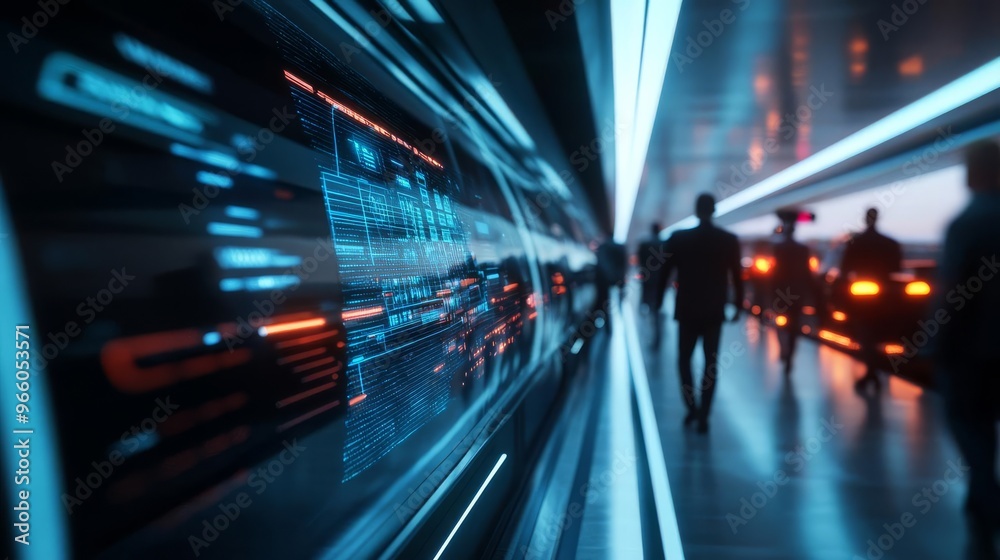 Digital transport analytics, holographic interfaces, futuristic commuters, early morning Digital transport analytics, holographic interfaces, futuristic commuters, early morning