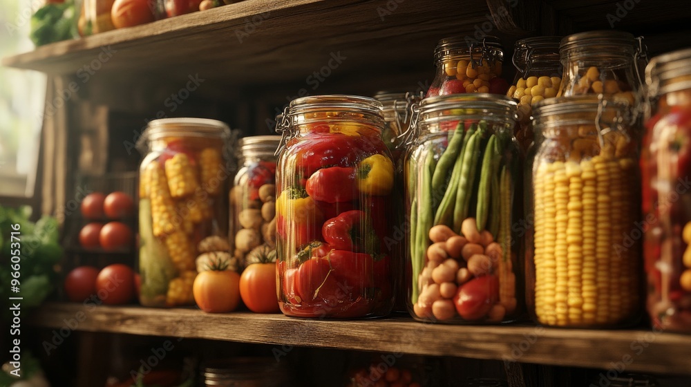 Colorful jars of preserved vegetables arranged on a wooden shelf in a cozy kitchen setting Colorful jars of preserved vegetables arranged on a wooden shelf in a cozy kitchen setting