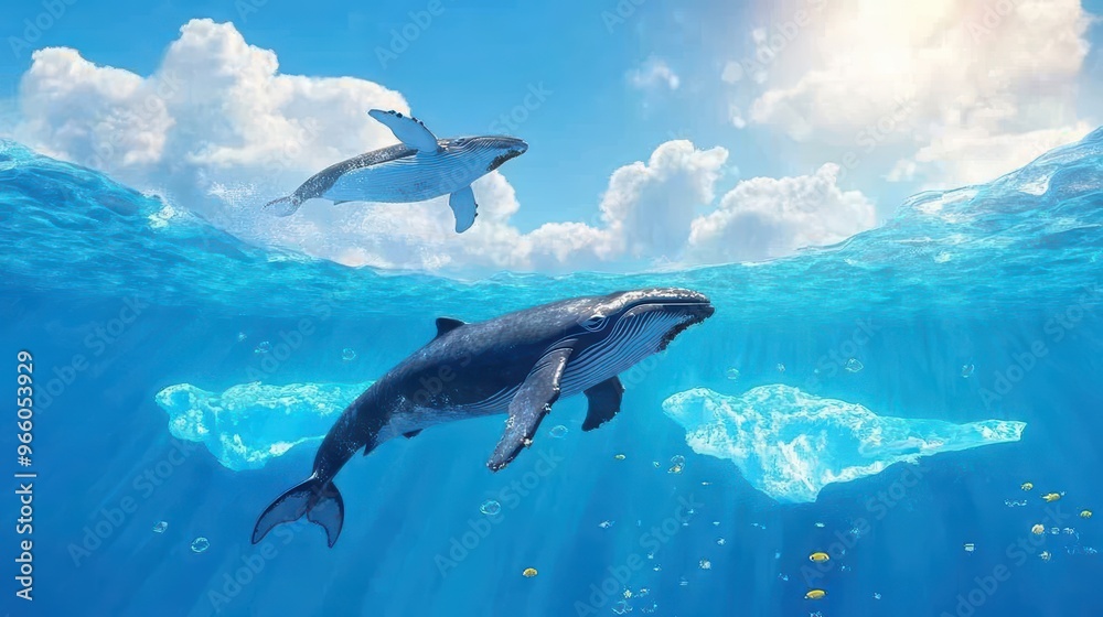 Obraz premium A serene underwater scene featuring a whale swimming majestically beneath a bright sky and shimmering water.