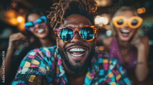 A group of friends share a moment of camaraderie in an indoor setting, dressed in casual clothing, captured in a warmly lit environment that conveys friendliness and comfort.