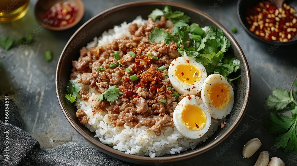 A beautifully styled bowl of homemade boiled rice with pork, soft-boiled egg, and crispy garlic, served on a minimalist table setting with fresh herbs and chili oil