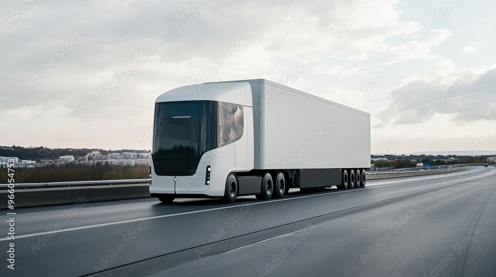 Electric autonomous truck, digital logistics network, urban freeway, overcast skies Electric autonomous truck, digital logistics network, urban freeway, overcast skies