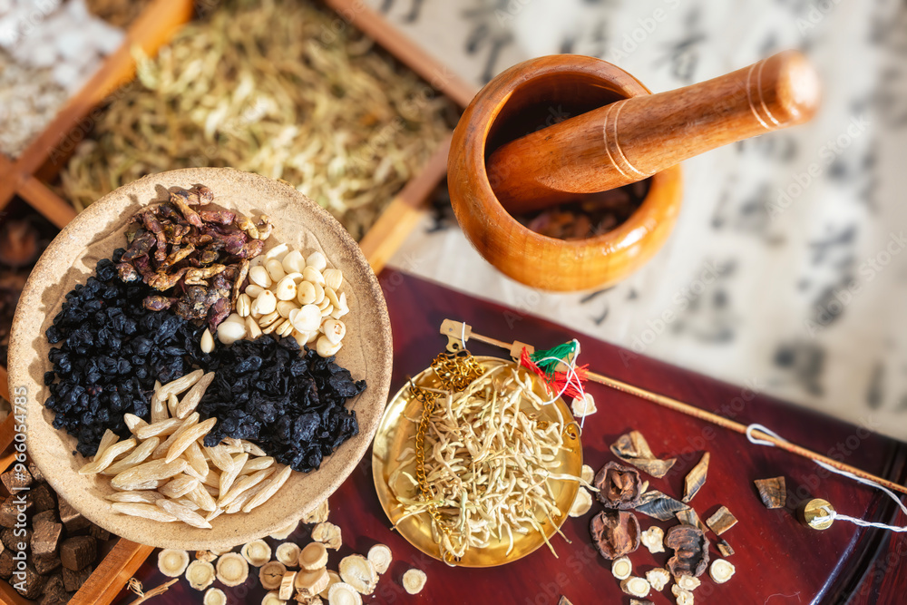 Traditional Herbal Ingredients and Mortar-Pestle Setup for Natural Remedies Traditional Herbal Ingredients and Mortar-Pestle Setup for Natural Remedies